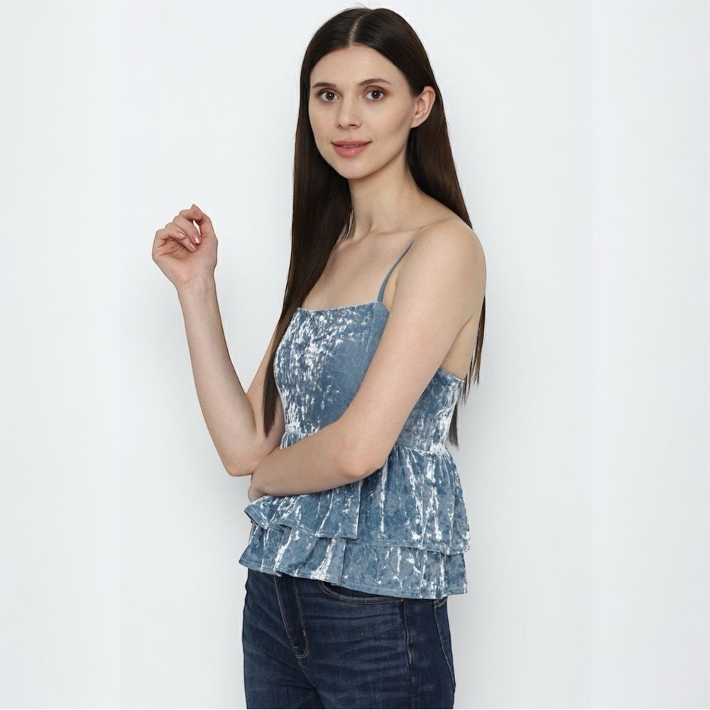 American Eagle Shirt Velvet Tiered Babydoll Top Blue Size Small NWT - Picture 11 of 11